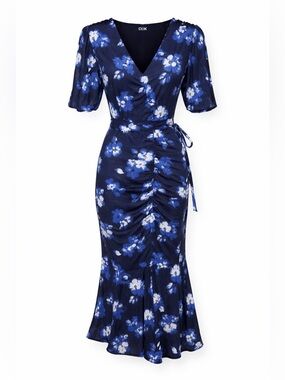 DKNY Blue Floral Ruched Midi Dress Tie Back Romantic Coquette Chic- Size‎ 4